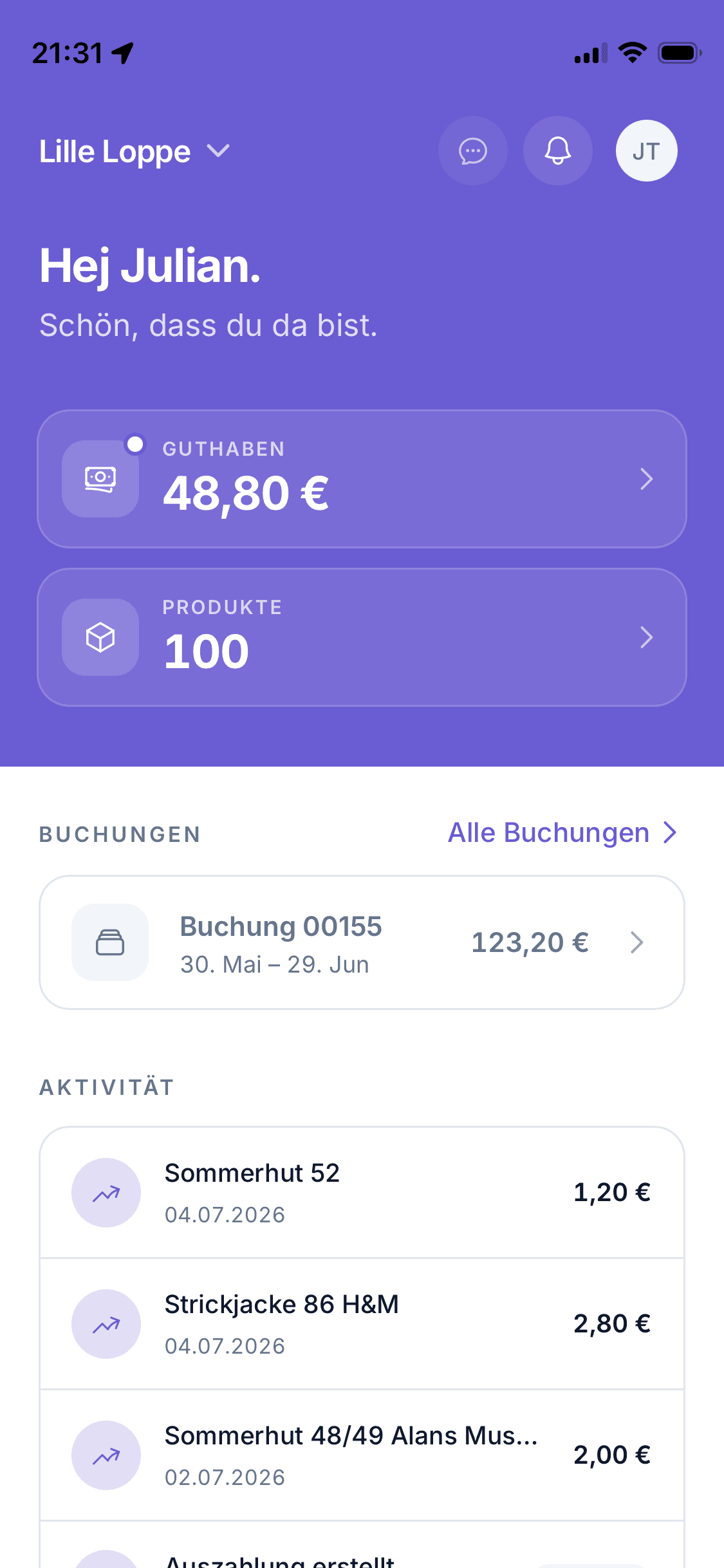 Mieter-Portal: Übersicht mit Guthaben und Buchungen