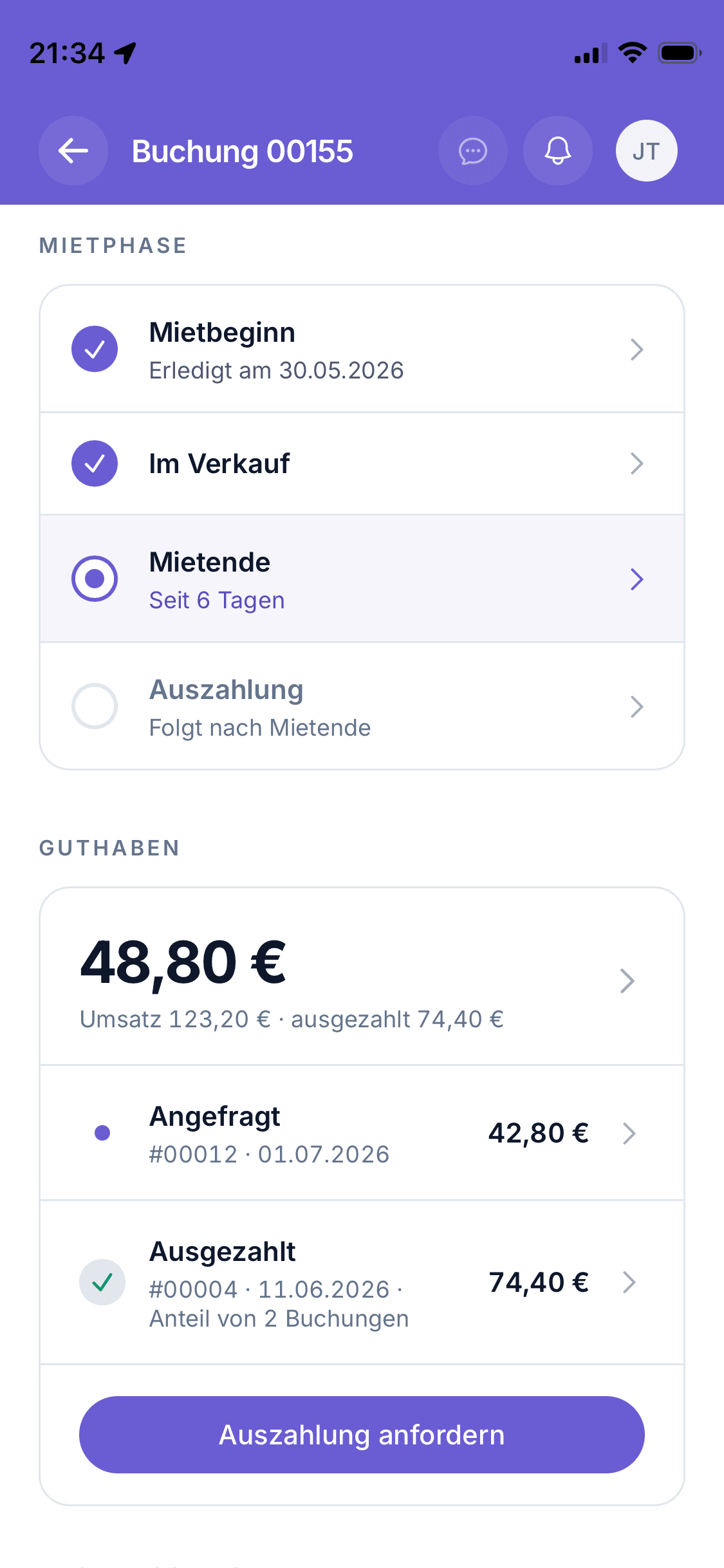 Mieter-Portal: Buchungsdetails mit Mietphase und Auszahlung